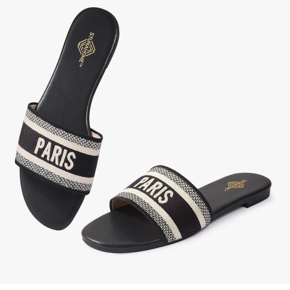 Black & Cream Woven Strap Paris Summer Flats Slides Round Toe BRAND NEW Sz 10 - Picture 2 of 11